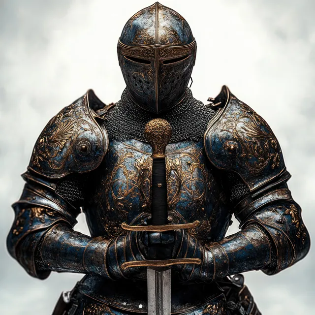 Medieval knight in ornate full plate armor holds a sword with both hands beneath a cloudy sky.