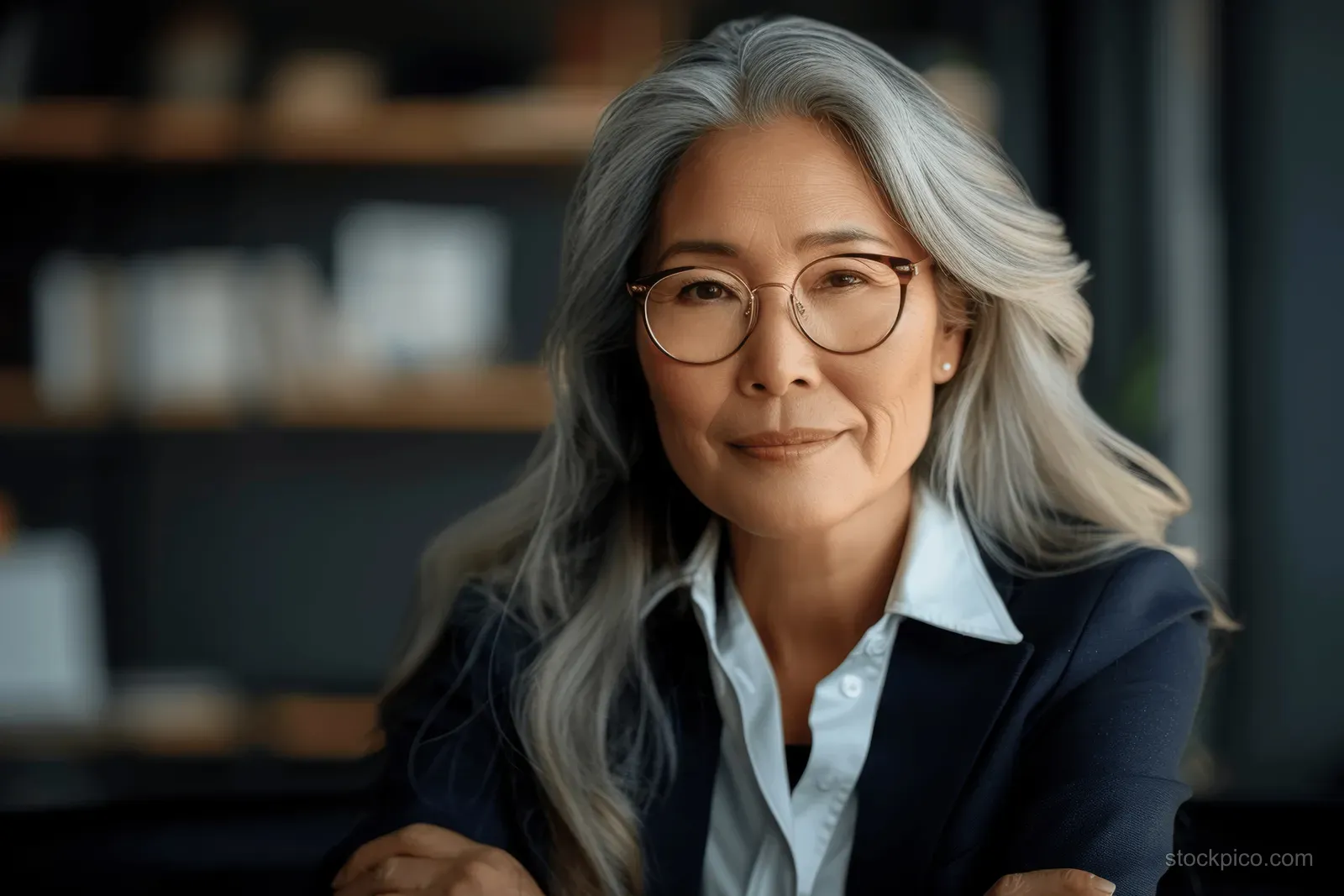 Smiling Asian senior businesswoman with silver hair and glasses seated in a softly lit office wearing a formal suit.