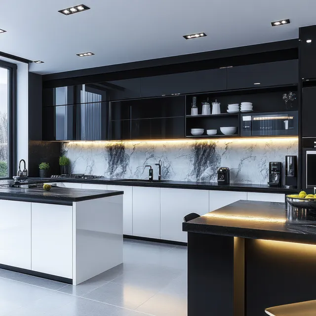 Minimalist black and white kitchen interior with an island, bright under-cabinet lighting, and sleek countertops.