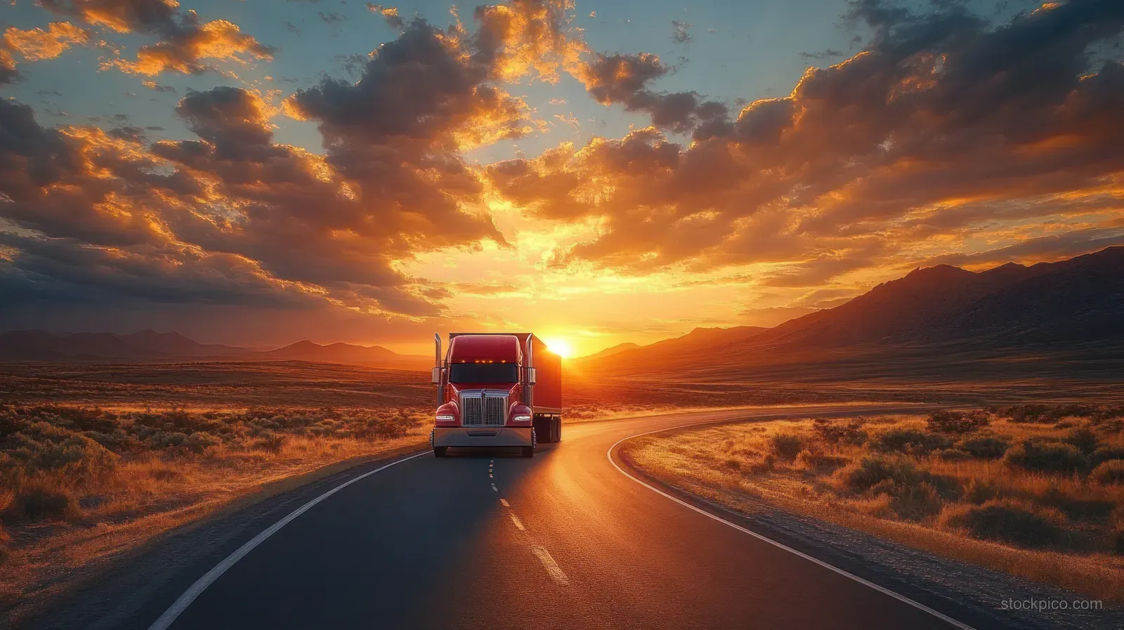A red semi-truck drives down a winding desert road at sunset with glowing clouds over distant mountains.