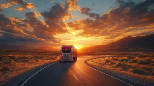 Red semi-truck driving along a winding highway at vivid southwest sunset