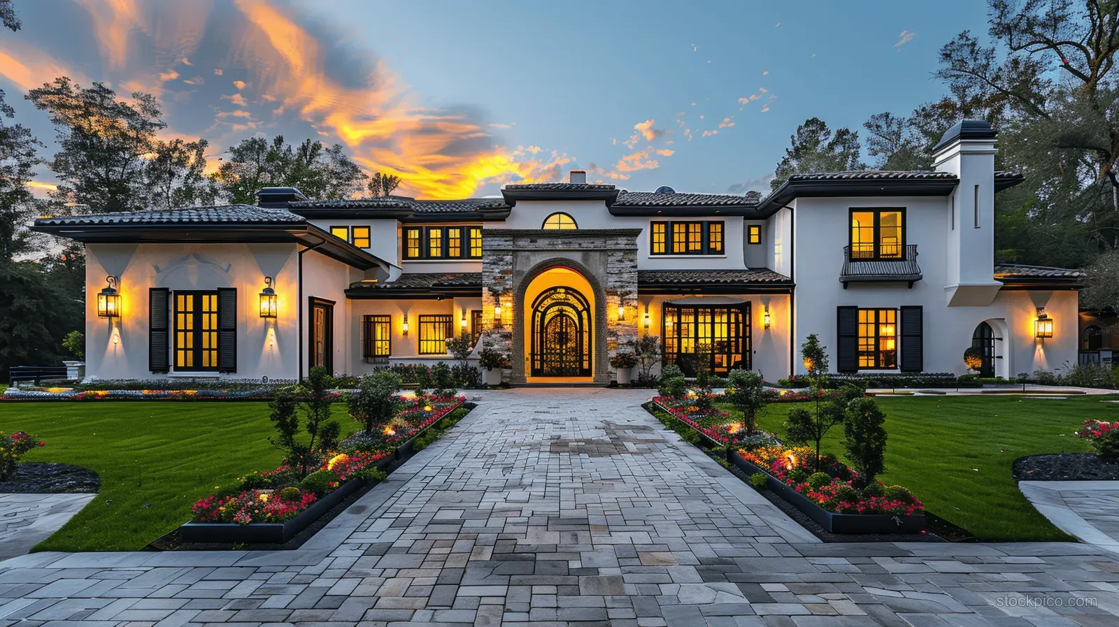 Spanish colonial mansion front facade with arched entrance, white stucco, black shutters, and landscaped driveway at sunset.