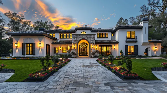 Spanish colonial mansion front facade with arched entrance, white stucco, black shutters, and landscaped driveway at sunset.