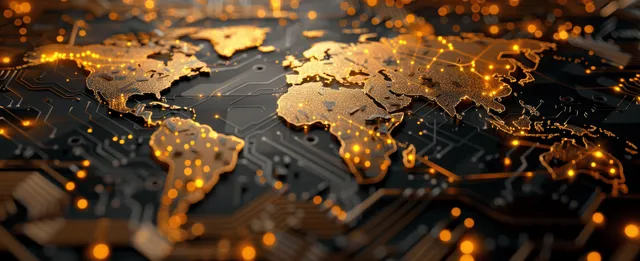 Golden world map appears on a circuit board with glowing network connections over continents.