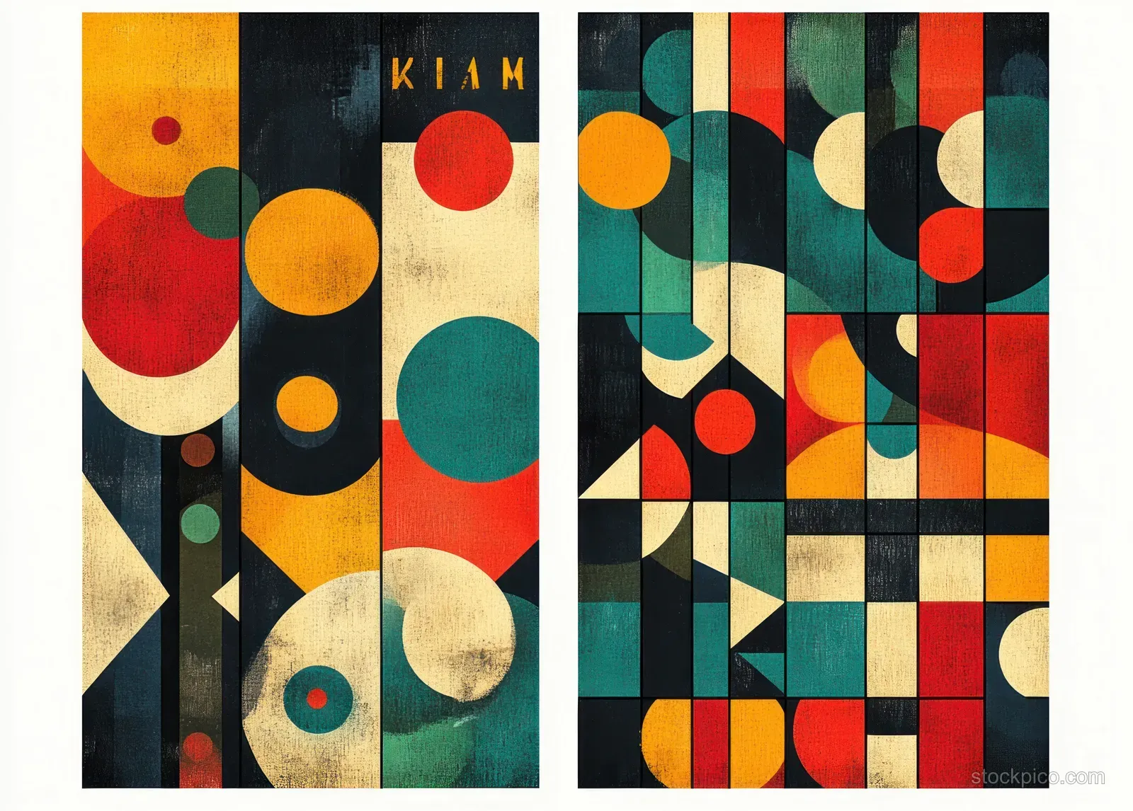 Two-panel abstract geometric art posters with overlapping circles, rectangles, and bold multicolor blocks.