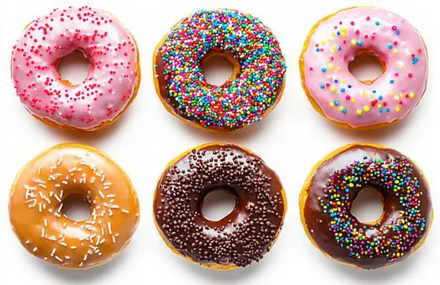 Six glazed donuts arranged in two rows on a white background with pink, chocolate, and multicolor sprinkles.