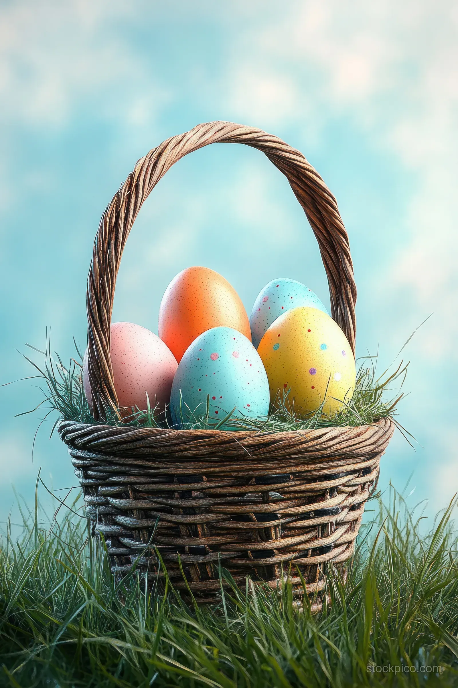 Wicker basket of speckled and colored eggs nestled in green grass against a soft blue sky.