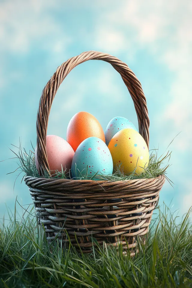 Wicker basket of speckled and colored eggs nestled in green grass against a soft blue sky.