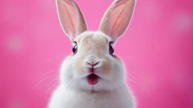 A white rabbit with a surprised expression and upright ears centered on a bright pink blurred background.