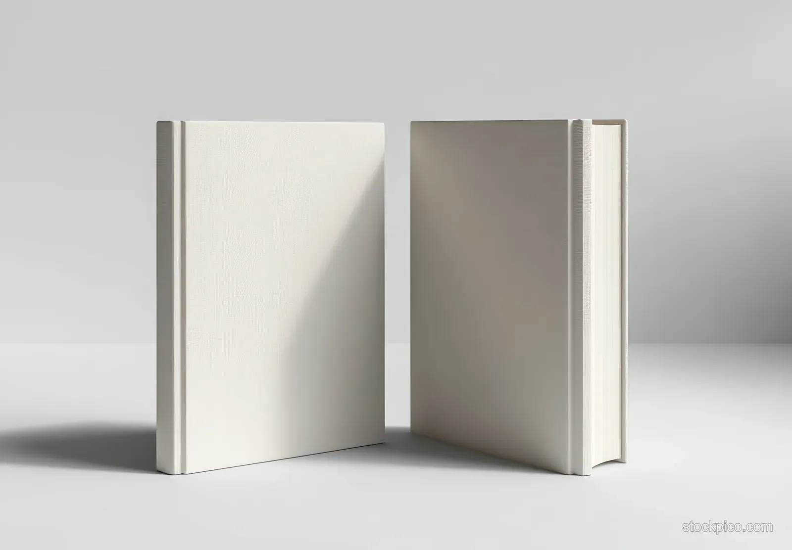 An open blank hardcover book mockup with visible page edges and soft shadows on a light gradient background.