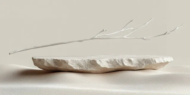 Minimalist still life with flat textured stone slab balanced on smooth fabric and hovering twig