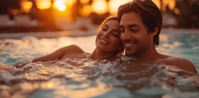 Romantic couple relaxing in a hot tub at sunset with glowing water bubbles