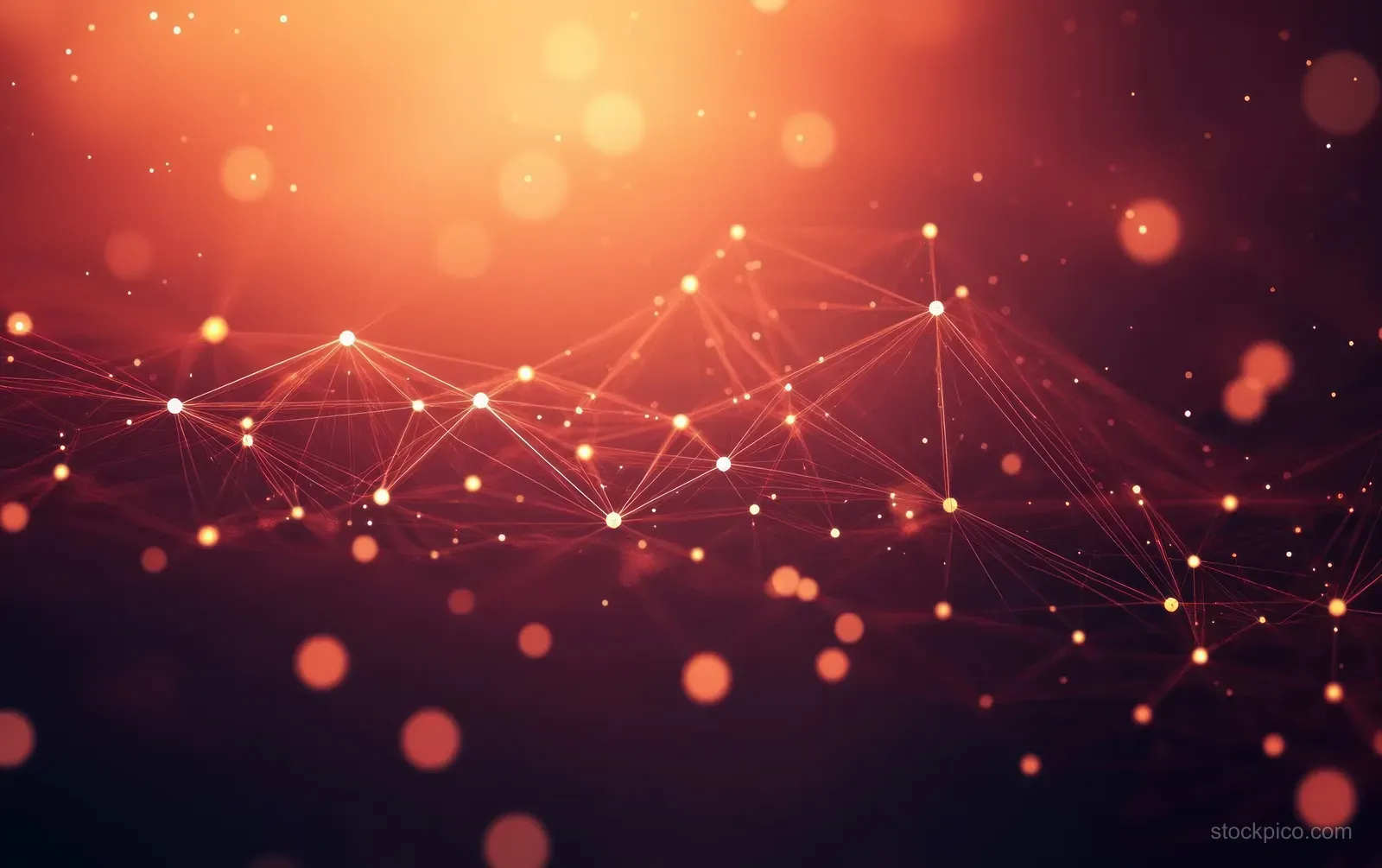 Glowing network nodes connected by light lines over a warm orange-red gradient with floating bokeh.