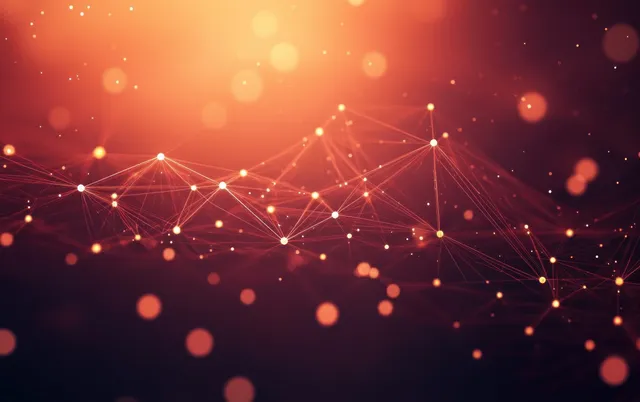 Glowing network nodes connected by light lines over a warm orange-red gradient with floating bokeh.