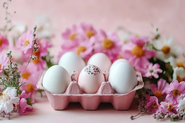 Pink egg carton with painted smiling Easter eggs surrounded by spring flowers and small blossoms.