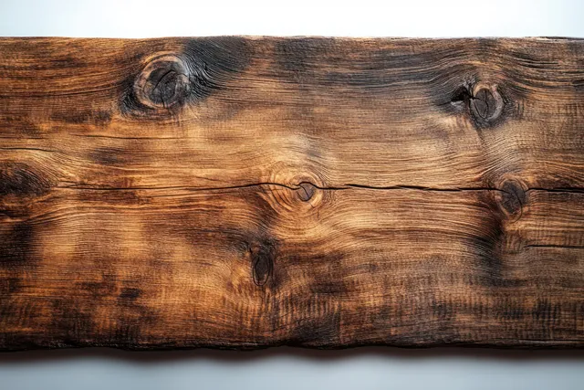 Close-up of a worn wooden plank showing dark knots and rough grain texture on a dark background.
