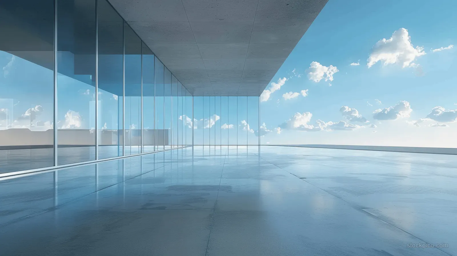 Empty concrete terrace floor meets a floor-to-ceiling glass wall in a futuristic business center under blue sky.