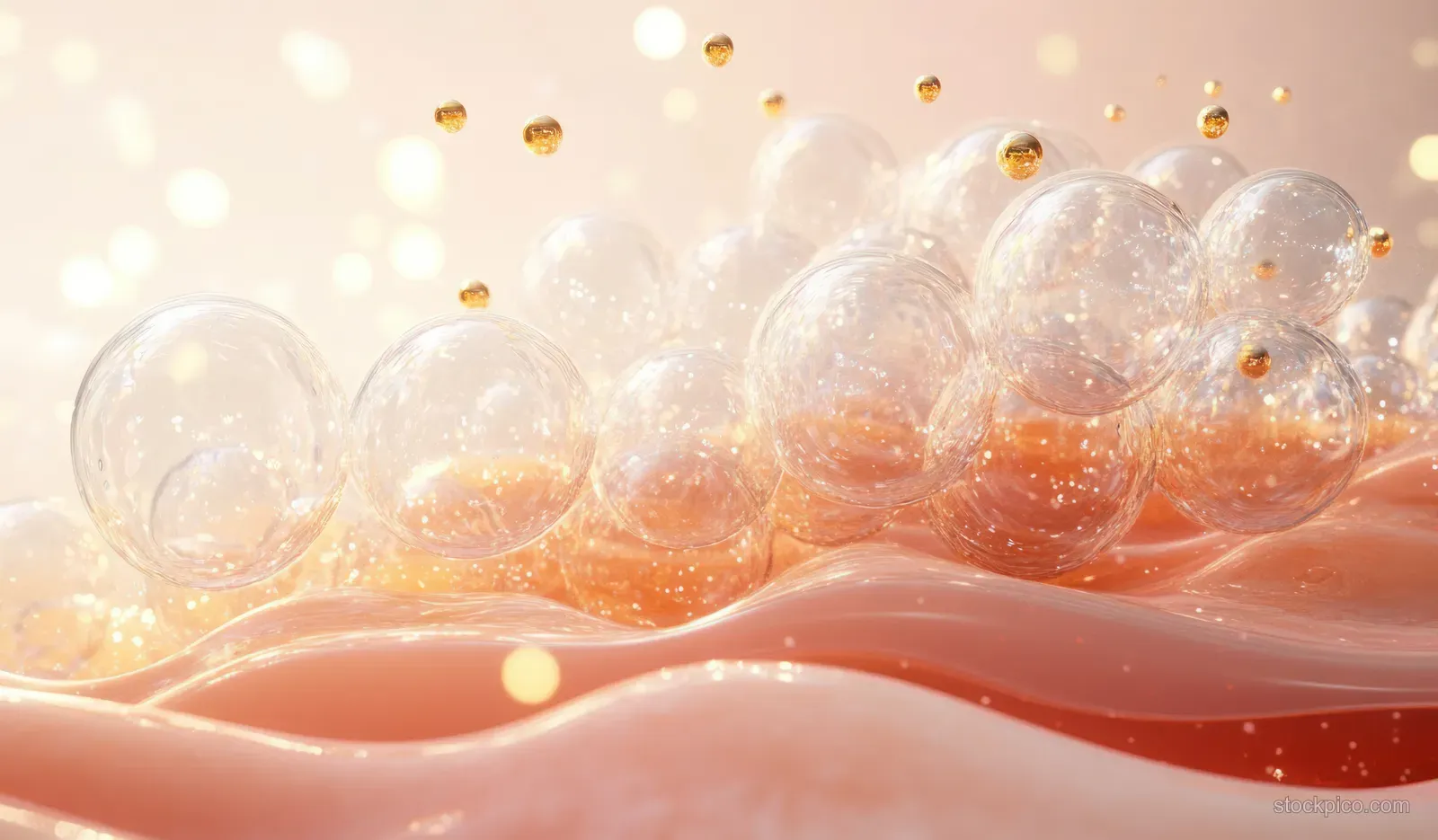Translucent bubbles and golden droplets sit on a glossy orange serum surface against a soft glowing background.