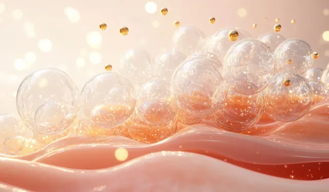 Translucent bubbles and golden droplets sit on a glossy orange serum surface against a soft glowing background.