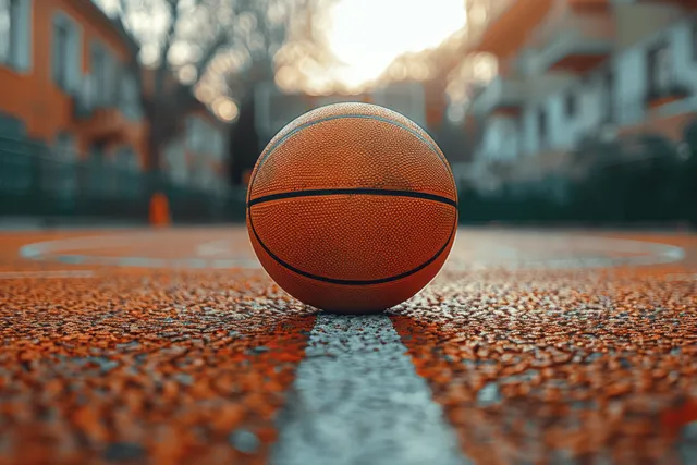 Orange basketball resting on outdoor court asphalt with sharp texture detail