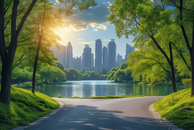 Sunlit road curves beside a calm lake with green trees and a modern downtown skyline in the distance.