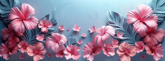 Pink monstera leaves and flowers float over a light pastel 3D tropical background.