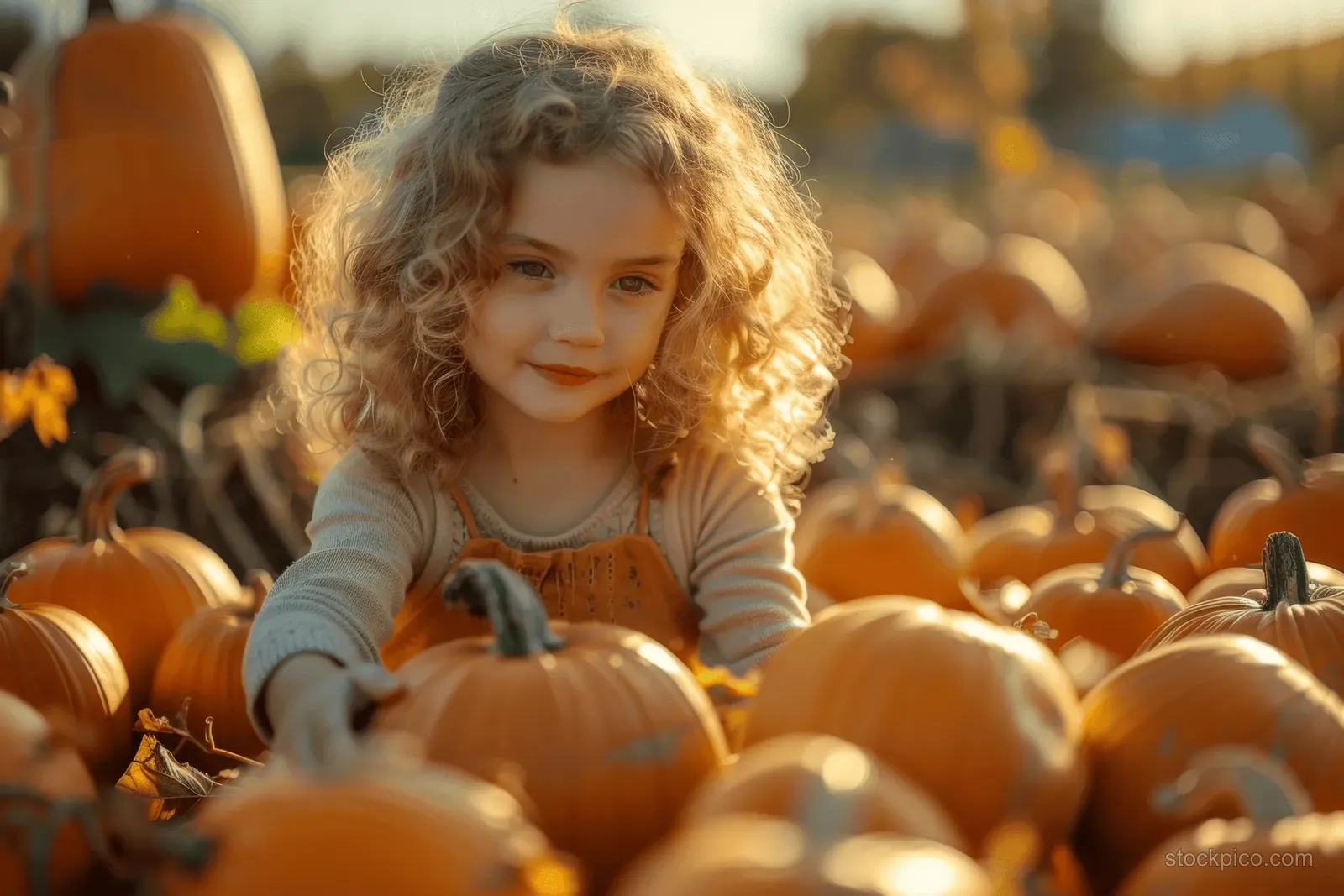 A young girl picks orange pumpkins in an autumn pumpkin patch during warm sunset light.