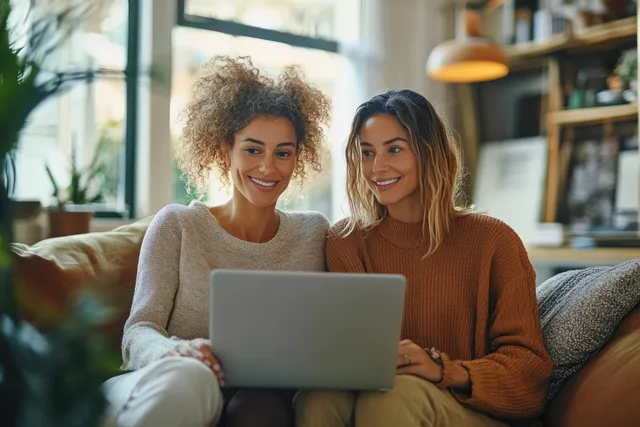 A mature couple sits on a couch smiling and relaxing while using a laptop in a sunny living room.