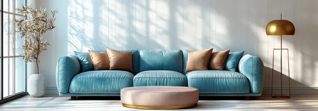 Turquoise sectional sofa in a bright minimalist living room with a floor lamp and a pink coffee table.