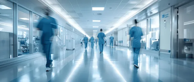 Doctors and nurses in blue scrubs hurry down a bright hospital corridor, captured with motion blur.