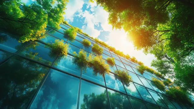 Lush rooftop greenery draped over glass facade with sunlit architectural beams