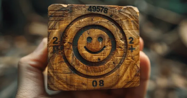 A hand holds a wooden block with a smiley face target engraved on it.
