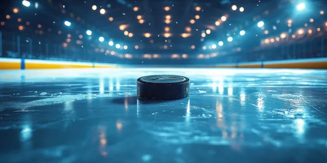 A hockey puck sits on a reflective ice rink with blurred arena lights in the background.