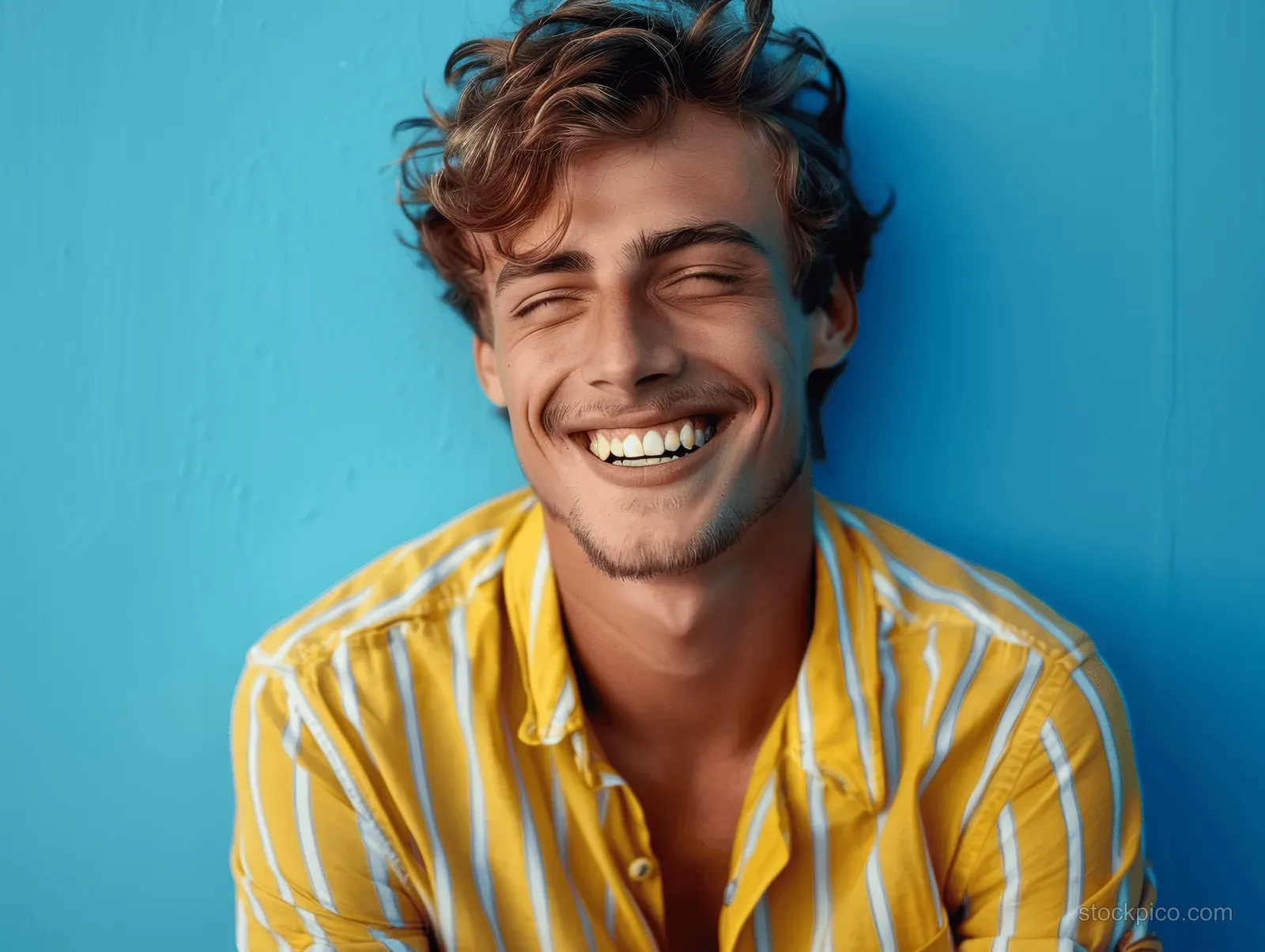 A young man in a yellow striped shirt laughs while looking at the camera against a blue wall.