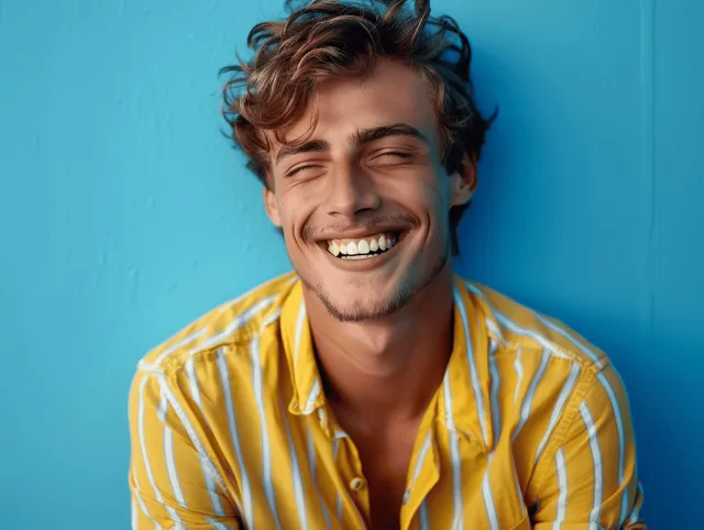 Young man in yellow striped shirt laughing and looking into camera against blue wall