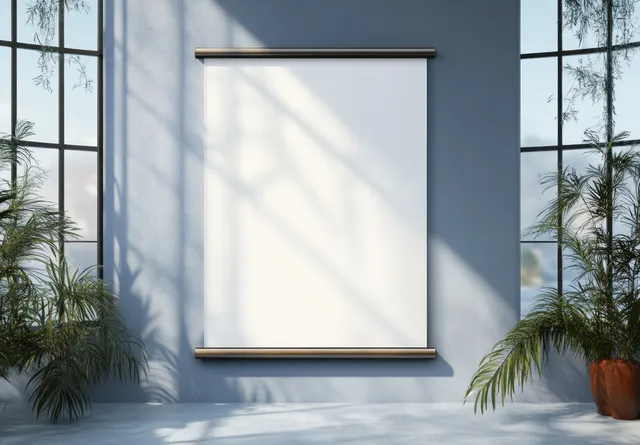 Blank poster frame on wall with soft sunlight shadows through large windows