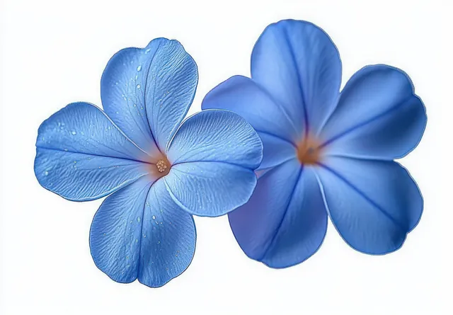 Two blue five-petal flowers with dew drops on a white background