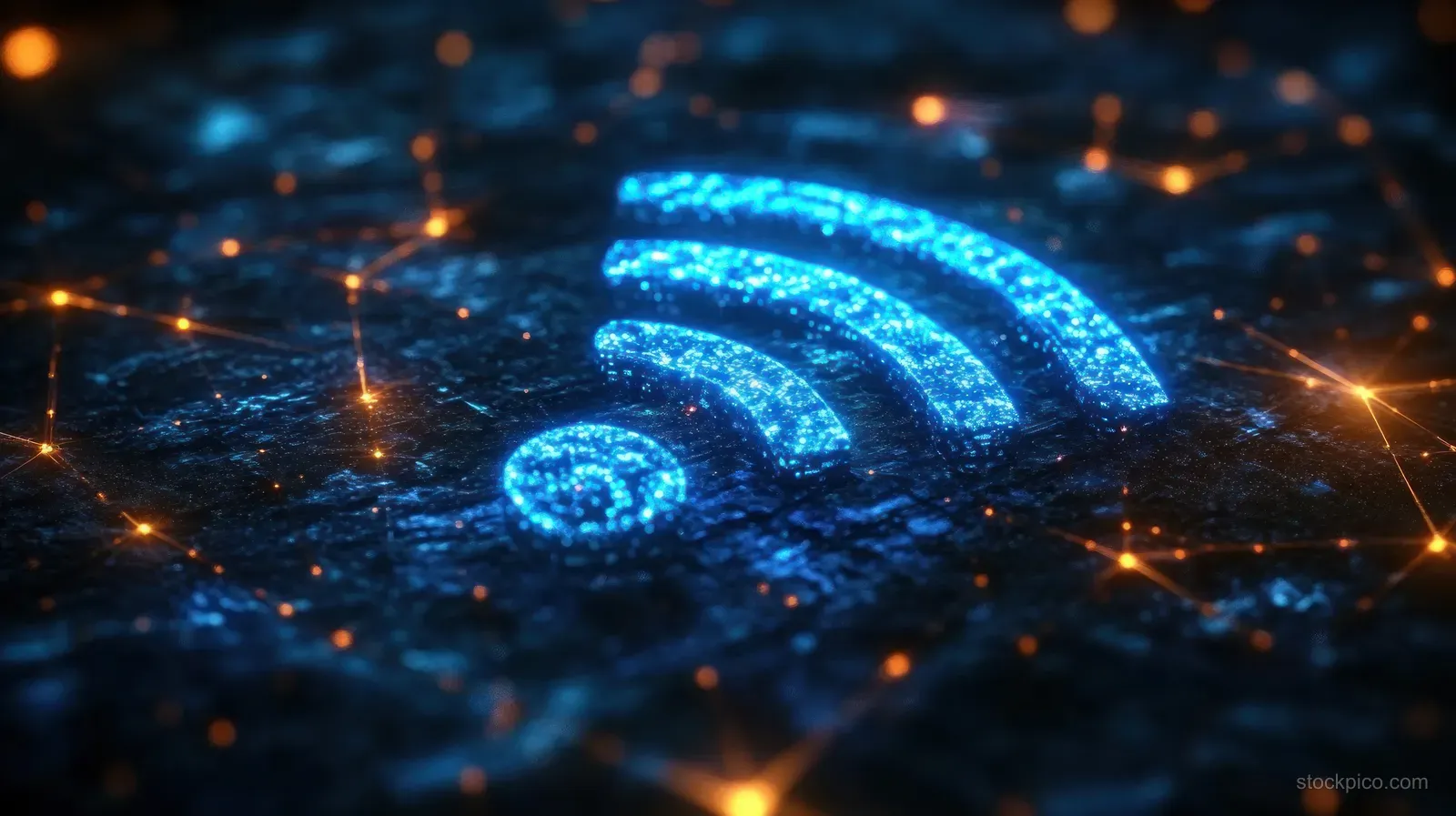 A glowing blue Wi‑Fi symbol hovers over an interconnected cyberpunk network of data nodes and light links.