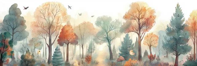 Whimsical watercolor forest panorama with tall trees, soft pastel haze, and tiny birds