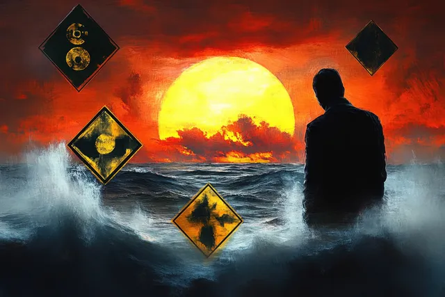 Silhouette of a person standing in rough ocean water under an orange glowing sun with floating diamond signs.