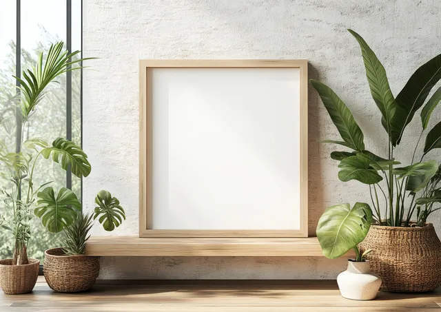Blank wooden picture frame on a wall shelf with surrounding potted green plants in natural light.
