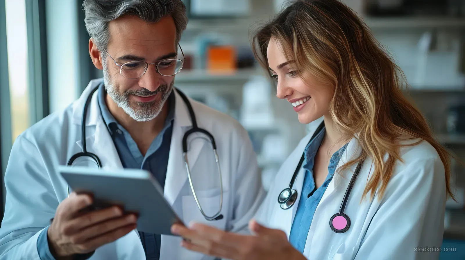 Two doctors in white coats review medical information on a digital tablet in a bright clinic office.