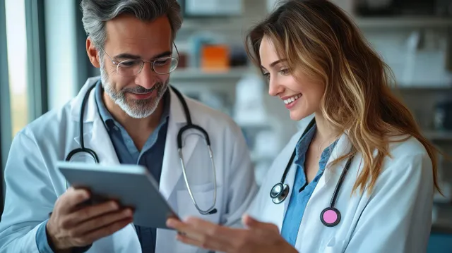 Two doctors in white coats review medical information on a digital tablet in a bright clinic office.