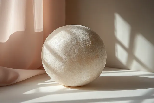 Peach-toned powder sphere resting on satin cloth with soft sunlit shadows