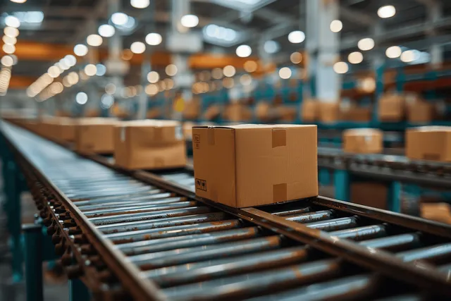 Cardboard Boxes Moving on Conveyor Belt in Warehouse