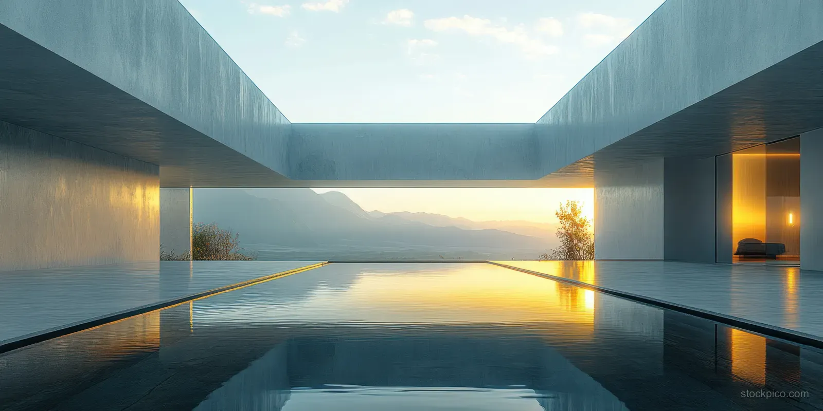 An empty minimalist room with a rectangular skylight and reflective water at sunrise.