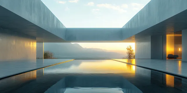Minimalist interior with rectangular skylight and reflective water at sunrise