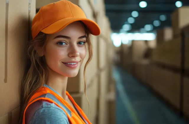 A smiling young woman in an orange cap and safety vest leans beside stacked cardboard boxes in a warehouse aisle.