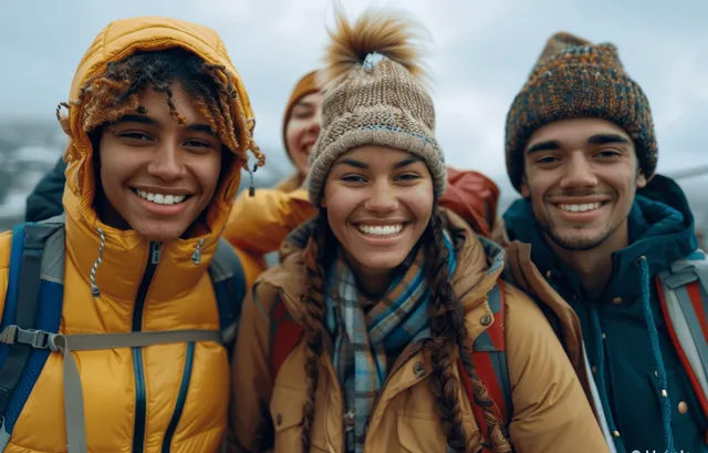 Three multiracial friends in winter hats smile while taking a selfie on a city bridge outdoors.