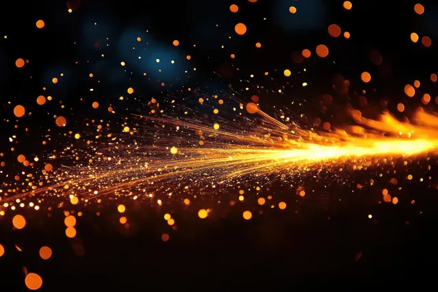 Orange sparks and glowing metal particles streak through a dark background in a high-speed grinding moment.